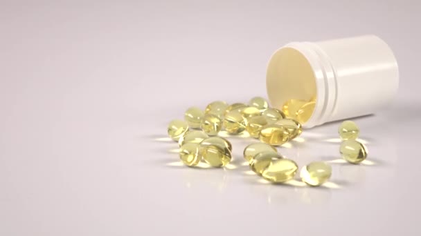 Fish fat oil capsules are scattered off of the medical jar, rolling away on white — Stock Video