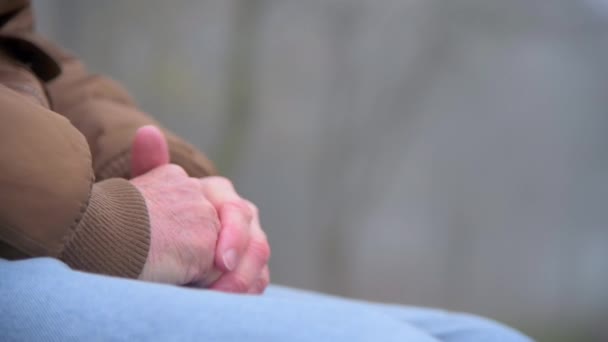 Close Shot Worried Elderly Person Hands Cold Foggy Morning — Stock Video