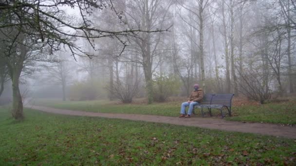 Stor Bild Ledsen Äldre Man När Han Sitter Ensam Park — Stockvideo
