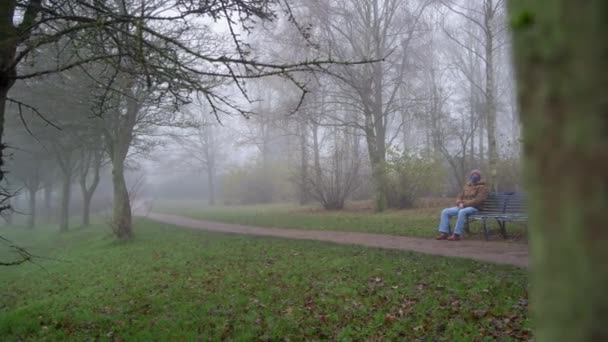 Une Vue Ensemble Vieil Homme Triste Assis Seul Dans Parc — Video