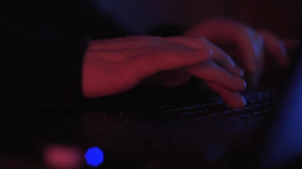 Close Hands Anonymous Female Hacker Typing Keyboard Colourful Dimly Lit — Stock Video