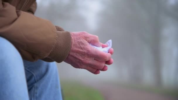 靠近一个心烦意乱的老人 他在雾蒙蒙的公园拿着手帕 — 图库视频影像