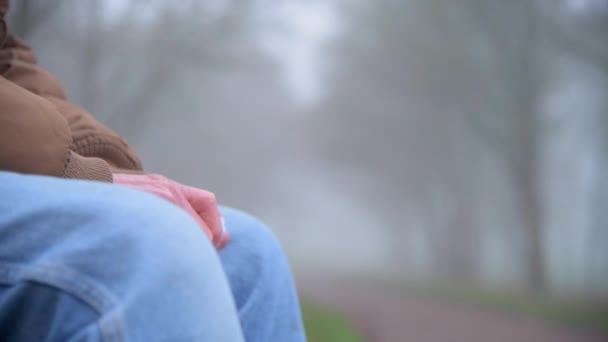 Close Shot Upset Elderly Man Holding Handkerchief While Sitting Alone — Stock Video