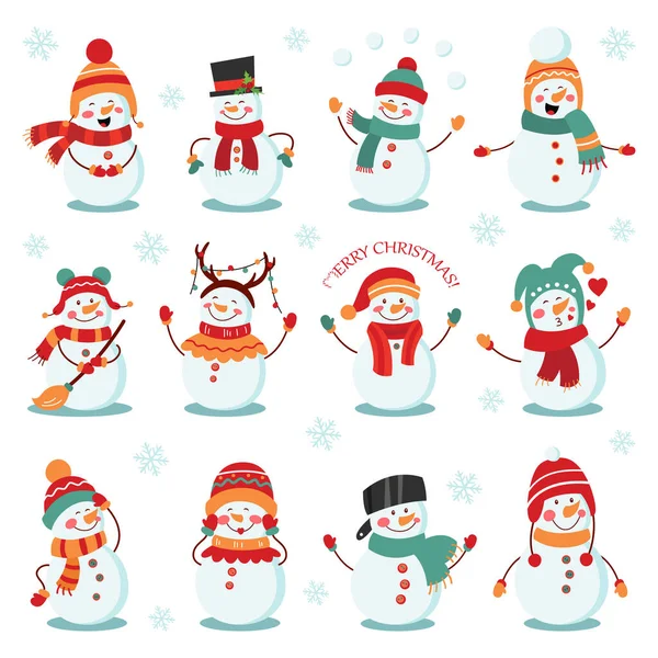 Snowman vacances d'hiver ensemble. Bonhommes de neige joyeux en costumes différents. Illustration vectorielle sur fond blanc isolé — Image vectorielle