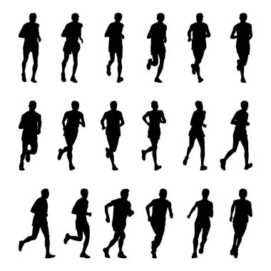 Vektör çizimi koşan sporcular. Beyaz arkaplanda siluetler