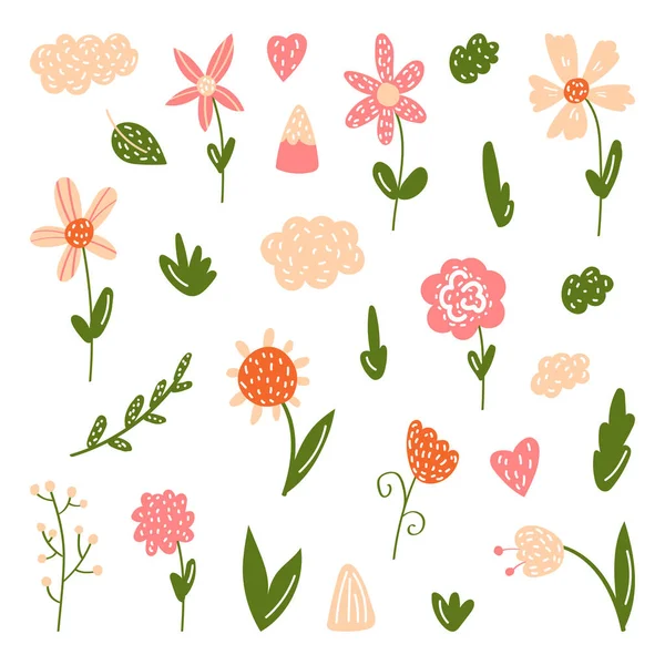 A set of flowers in bright, beautiful spring colors. Cute spring garden and nature elements isolated on white for greeting cards, Easter, Mother s Day — Stock Vector