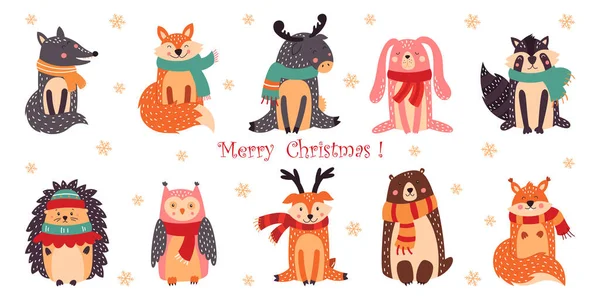 Set of cute Christmas design elements with woodland animals — Stock Vector