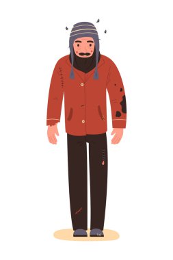 Evsiz adam. Paçavralar içinde işsiz bir dilenci. Düz biçimde EPS10 vektör illüstrasyonu