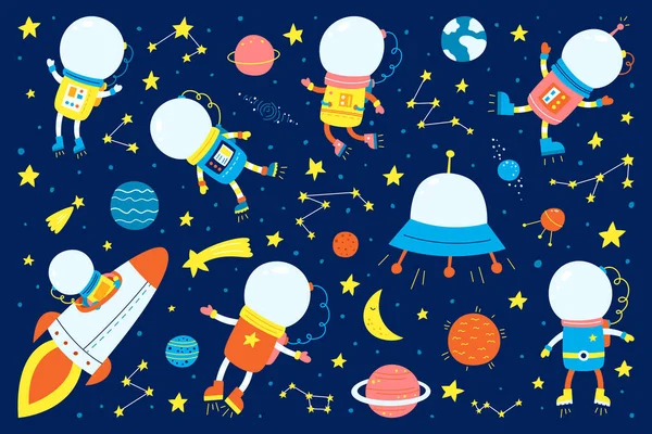Space and astronauts with planets. Set of flat icons. Vector illustration. Children s pictures — Stock Vector