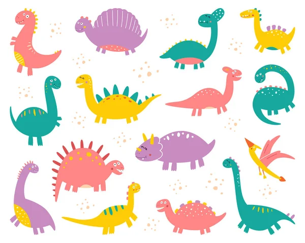 Vector collection of cute flat dinosaurs, including T-rex, Stegosaurus, Velociraptor, Pterodactyl, Brachiosaurus and Triceratop, isolated on white — Stock Vector