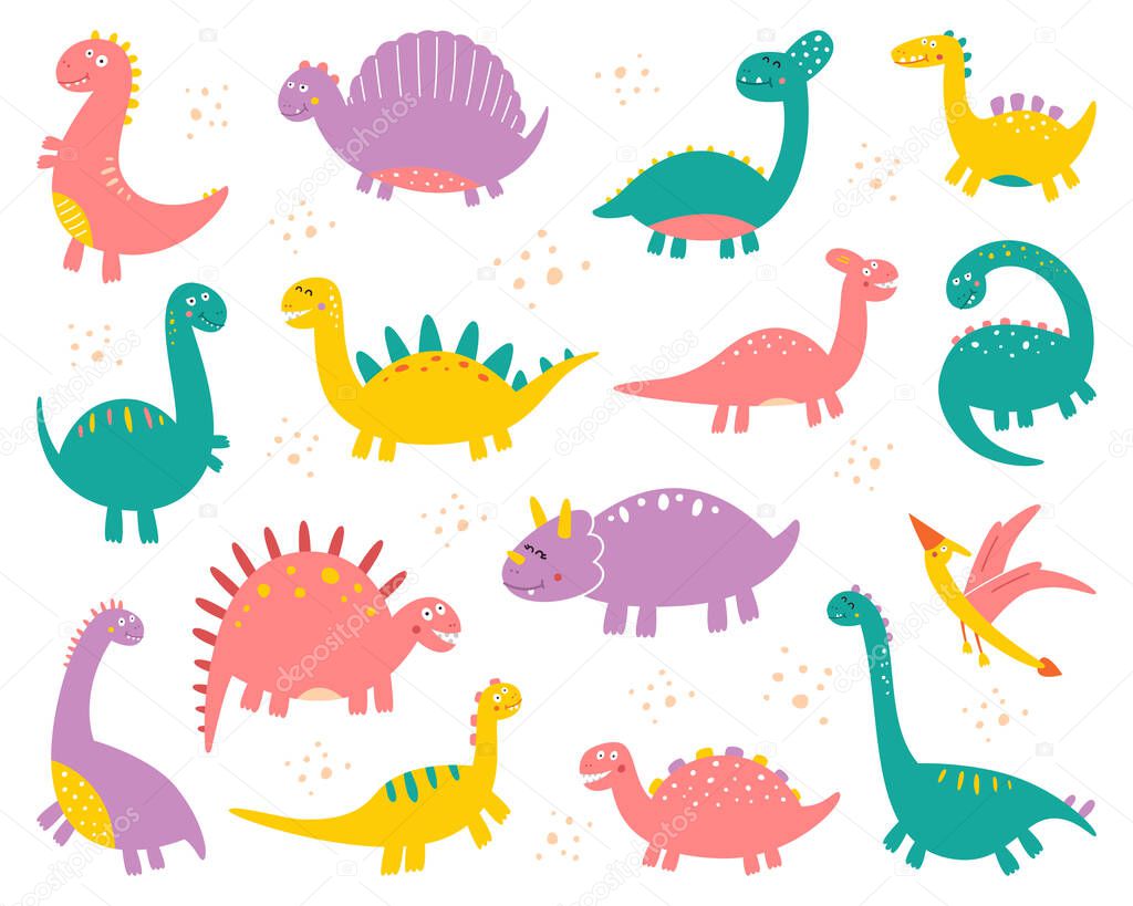 Vector collection of cute flat dinosaurs, including T-rex, Stegosaurus, Velociraptor, Pterodactyl, Brachiosaurus and Triceratop, isolated on white