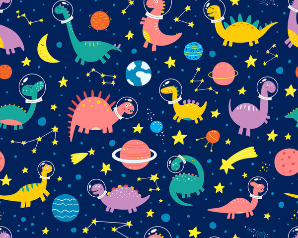 Funny dinosaurs in a spacesuit in space with planets. Pattern. Vector illustration