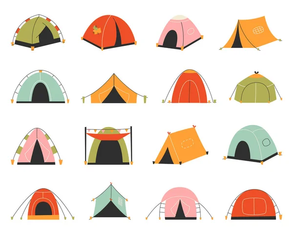 Комплект туристических палаток. Векторная иллюстрация - коллекция икон палаток кемпинга — стоковый вектор