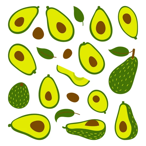 Cooking with avocados vector illustration set. Whole avocado and cut slices isolated on white background — Stock Vector
