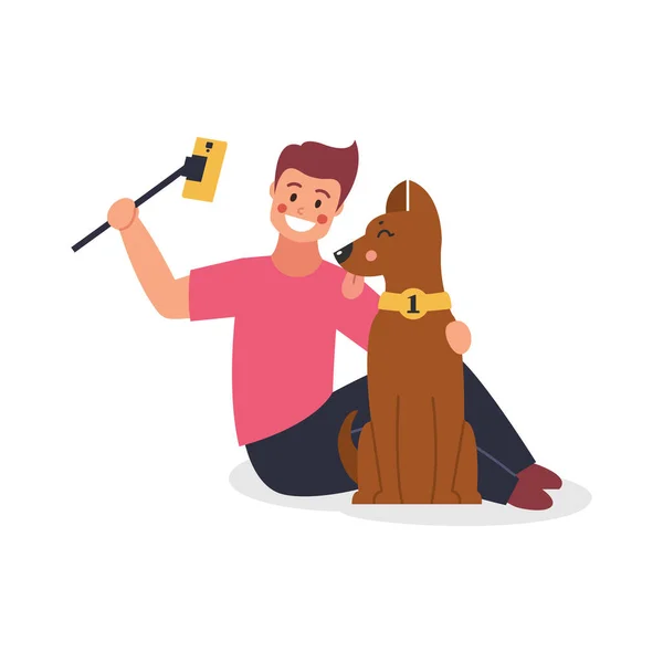 Selfie, killen och hunden är fotograferade. Tecknad film. Vektorillustration — Stock vektor