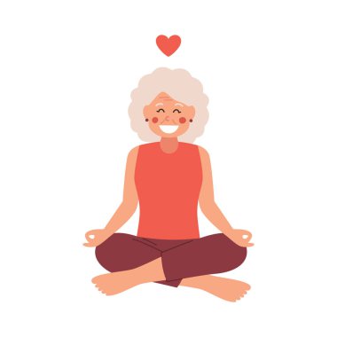 Beyaz arka planda izole edilmiş yoga minderinde zen pozisyonu alan olgun yaşlı bir kadın.