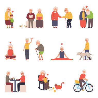 Farklı durumlardaki bir grup yaşlı erkek ve kadının vektör çizimleri.