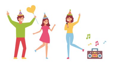 Partideki mutlu insanlar. Kutlama. Vektör illüstrasyonu beyaz arkaplanda izole edildi.