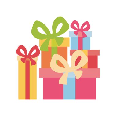 Renkli paketlenmiş hediye kutuları yığını. Dağ hediyeleri. Bunaltıcı bir yayı olan güzel bir hediye kutusu. Hediye kutusu simgesi. Hediye sembolü. Noel hediyesi kutusu. İzole vektör illüstrasyonu.