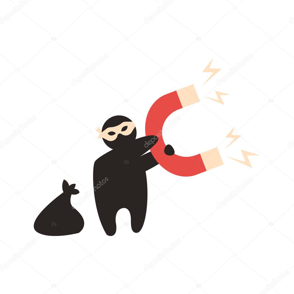 Idea robber holds magnet, draw light bulbs to steal thought, plagiarism vector illustration.