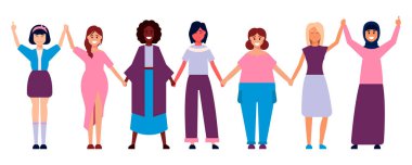 Farklı uluslar arası ve ırklar arası kadın grupları. Kızlar için güç kavramı, feminizm ve feminizm fikirleri, kadınların güçlendirilmesi ve rol kartı tasarımı.