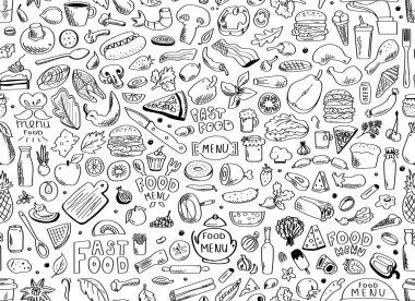 Yemek, kusursuz desen. Vektör illüstrasyonu beyaz arkaplanda izole edildi.