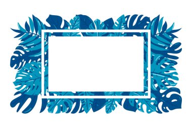 Yaz dönemi posteri, yaz havası. Tropikal yaprakların arka planında metin için çerçeve. Moda vektör illüstrasyonu.