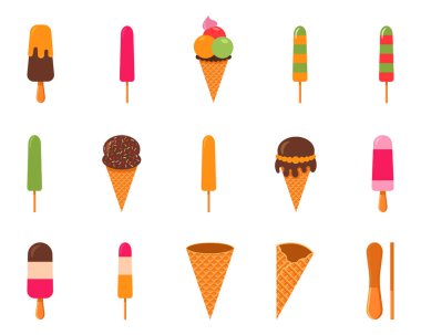Dondurma seti, basit biçim, vektör çizimi beyaz arkaplanda izole edilmiş.