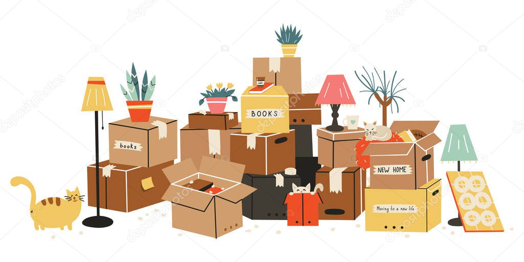 Moving to a new home. The family moved to a new home. Paper cardboard boxes with various household items. Vector illustration in a flat style.