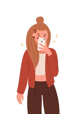 Kız selfie çekiyor. Beyaz arkaplanda vektör düz çizgi film çizimi.