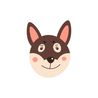 Köpek suratı. Moda tarzı olan komik çizgi film evcil hayvanının vektör çizimi. Beyazda izole edilmiş.