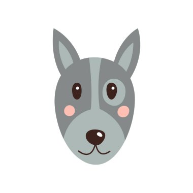 Köpek suratı. Moda tarzı olan komik çizgi film evcil hayvanının vektör çizimi. Beyazda izole edilmiş.
