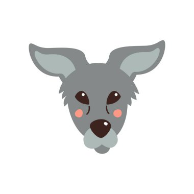 Köpek suratı. Moda tarzı olan komik çizgi film evcil hayvanının vektör çizimi. Beyazda izole edilmiş.