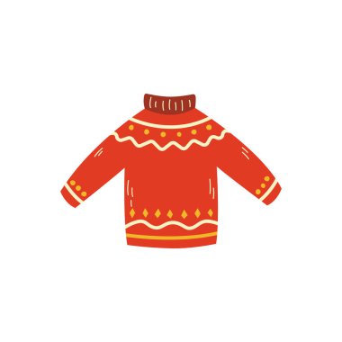 Noel kırmızı süveteri, şenlikli kıyafetler, beyaz arka planda vektör çizimi..