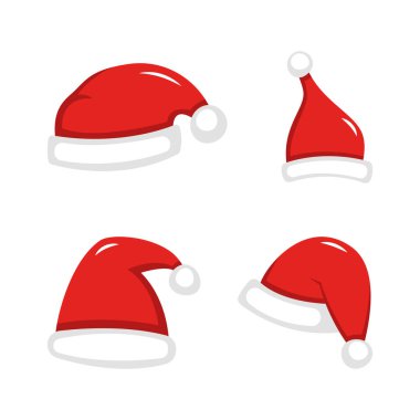Kırmızı Noel Baba şapkaları. Kırmızı Yeni Yıl başlığı beyaz arka planda izole edilmiş düz bir tarzda.