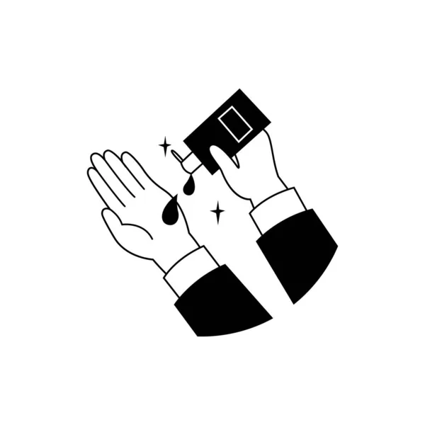 用抗菌手部清洁剂洗手 在卡通平面图上用消毒剂胶符号 白色背景分离 — 图库照片