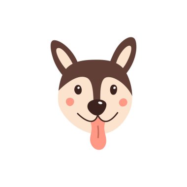 Köpek suratı. Moda tarzı olan komik çizgi film evcil hayvanının bir gösterimi. Beyazda izole edilmiş.