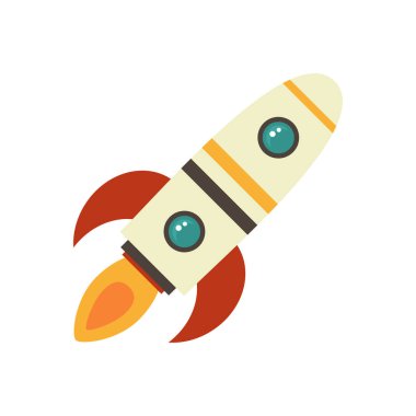 Çizgi film roket uzay gemisi havalandı, izole bir illüstrasyon. Basit retro uzay gemisi simgesi.