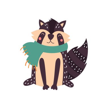 Çizgi film hayvanı, beyaz arka planda sevimli bir rakun. Düz dizayn. Vektör illüstrasyonu