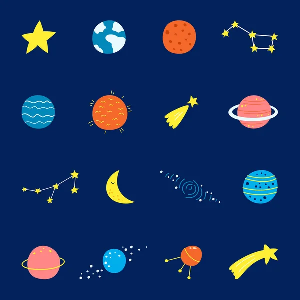 Un insieme di pianeti dei cartoni animati. Set colorato di oggetti isolati. Sfondo spaziale. Pianeti fantasy. EPS 10 — Vettoriale Stock