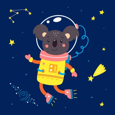 Uzaydaki hayvanlar. Mavi arkaplanda vektör illüstrasyonu.