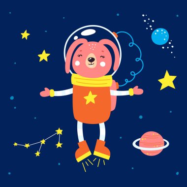 Uzaydaki hayvanlar. Mavi arkaplanda vektör illüstrasyonu.