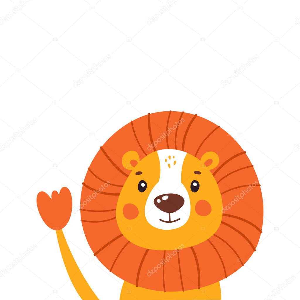 Cartoon happy lion isolated on white background. Vector illustration.
