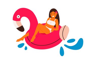 Pembe flamingo çemberinde yüzen bir kız. Vektör illüstrasyonu beyaz arkaplanda izole edildi.