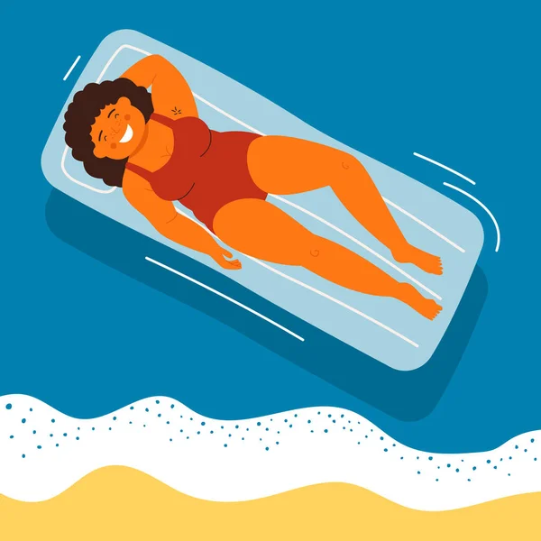 수영장에 매트리스에 여성을 있습니다 일광욕을 즐기는 위에서 내려다 보인다 휴양지 — 스톡 벡터