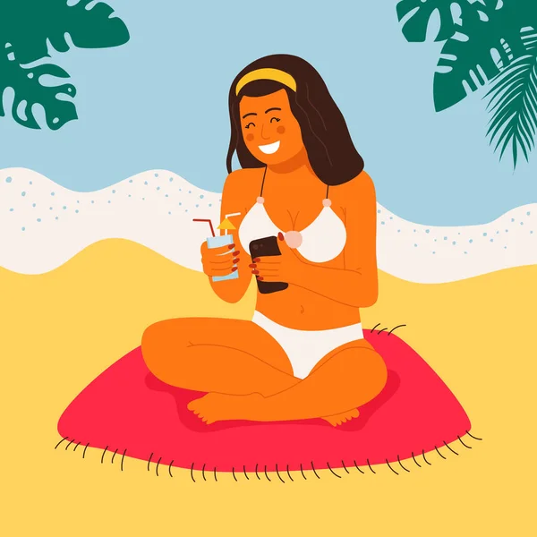 Banho de sol menina na praia fazendo selfie ilustração vetorial plana —  Vetores de Stock