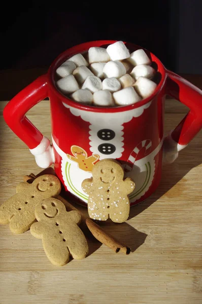 three gingerbread  smiley face cookies in a funny Mrs. Santa Clause coffee mug with hot chocolate, marshmallows
