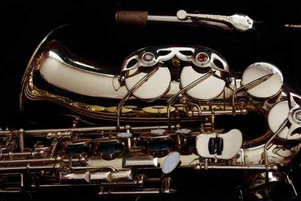 Moody Closeup Gold Saxophone Black — Stock fotografie
