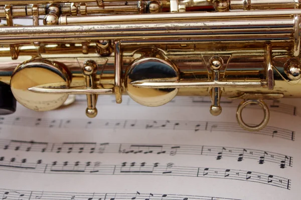 Detailní Záběr Zlatého Saxofonu Noty — Stock fotografie