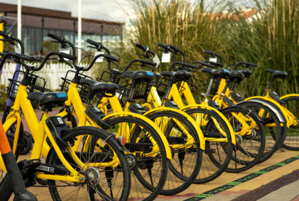 Парковка для арендованных велосипедов желтого цвета. Оборудование для занятий спортом и активного отдыха за отдельную плату.